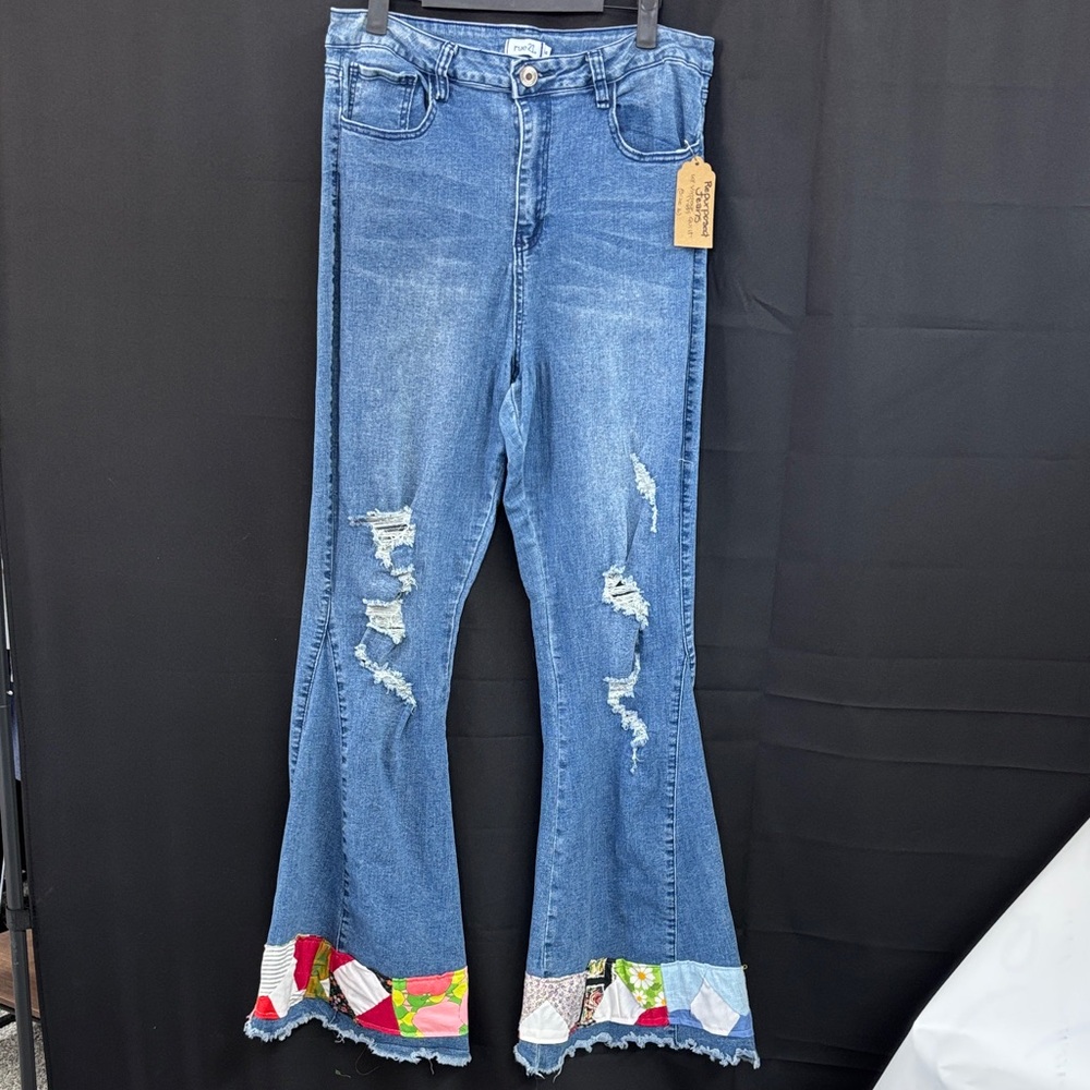 Rue21 Blue Flare Jeans with Colorful Hem reimagined by “Jagged Threads”